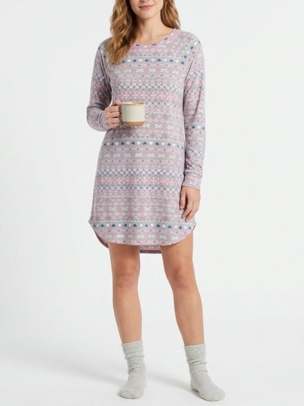 Cuddl Duds Cozy Pink Patterned Long-Sleeve Nightshirt, L, NWT